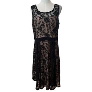 Women's Large Black Floral Lace Party Cocktail Whimsy Goth Romantic Midi Dress